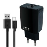 Tinklo įkroviklis 220V 5V 2.1A 2xUSB + USB C 1m juodas (black) ATX